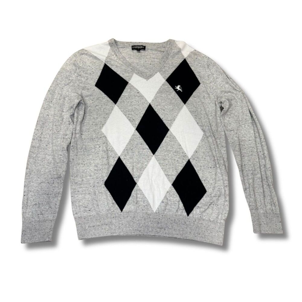 Express Argyle V‑Neck Sweater - Gray, Black and White, L